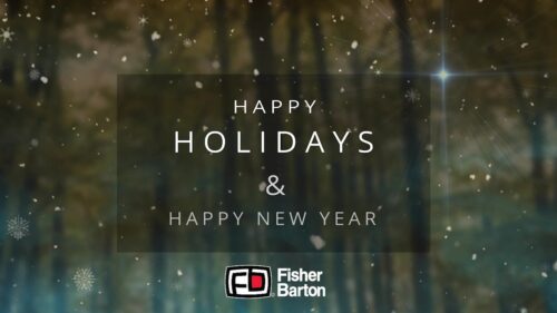 trees, snow falling holiday message from Fisher Barton